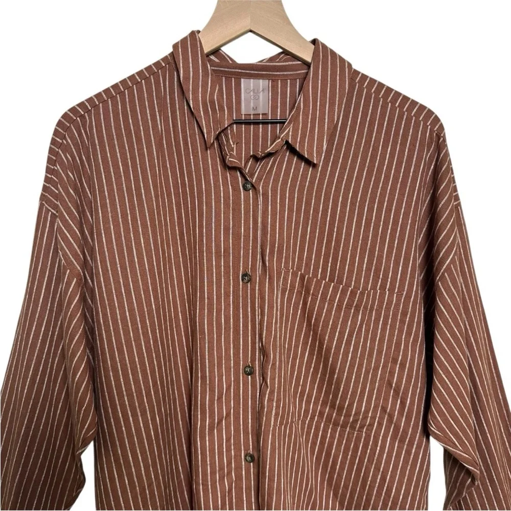 CALIA Womens Medium Brown Button Down Shirt Long Sleeve Linen Rayon Tunic Beach - Picture 5 of 14